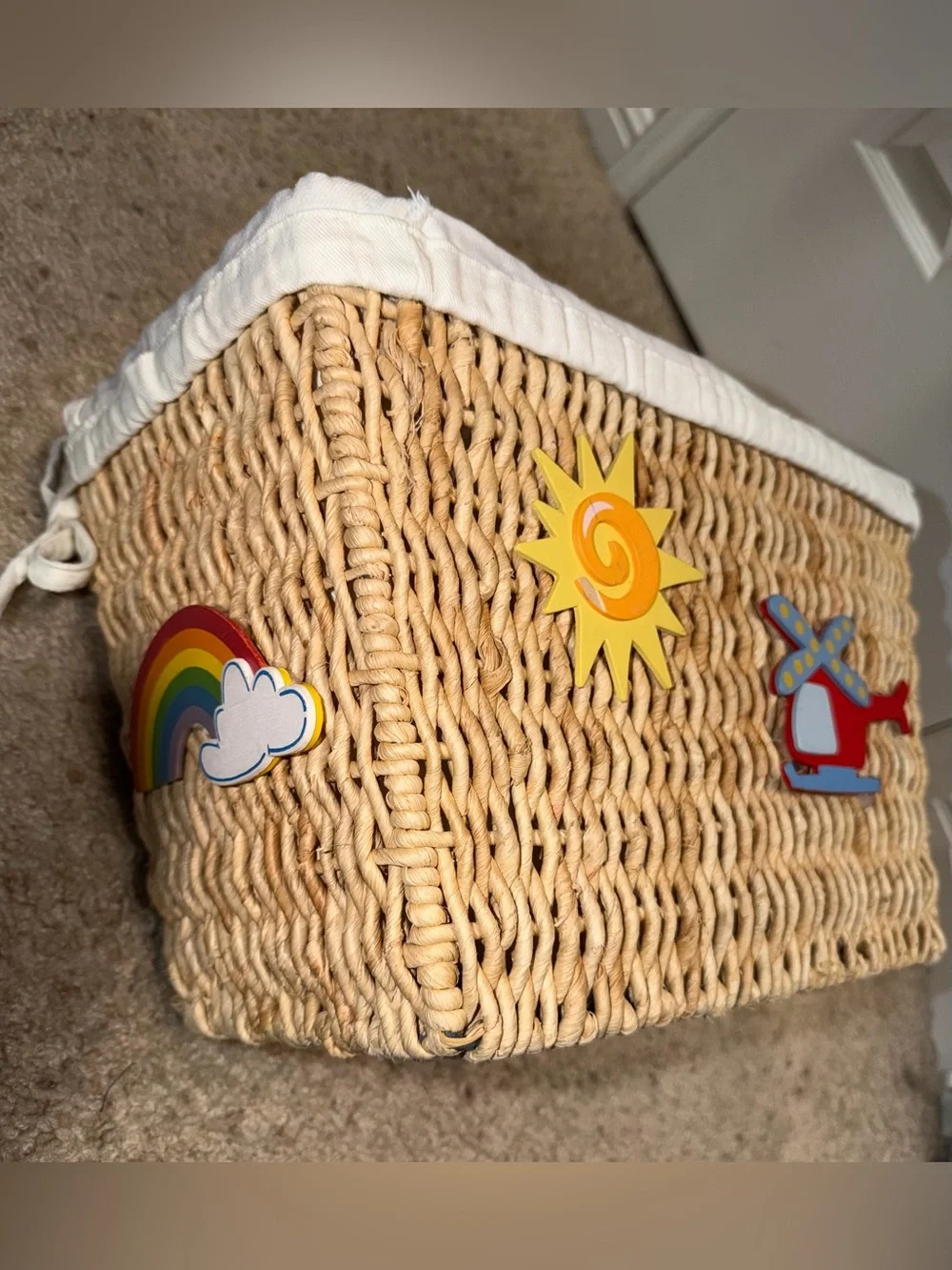Kids Woven Toy or baby organization Basket, cream color Liner decorative Accents